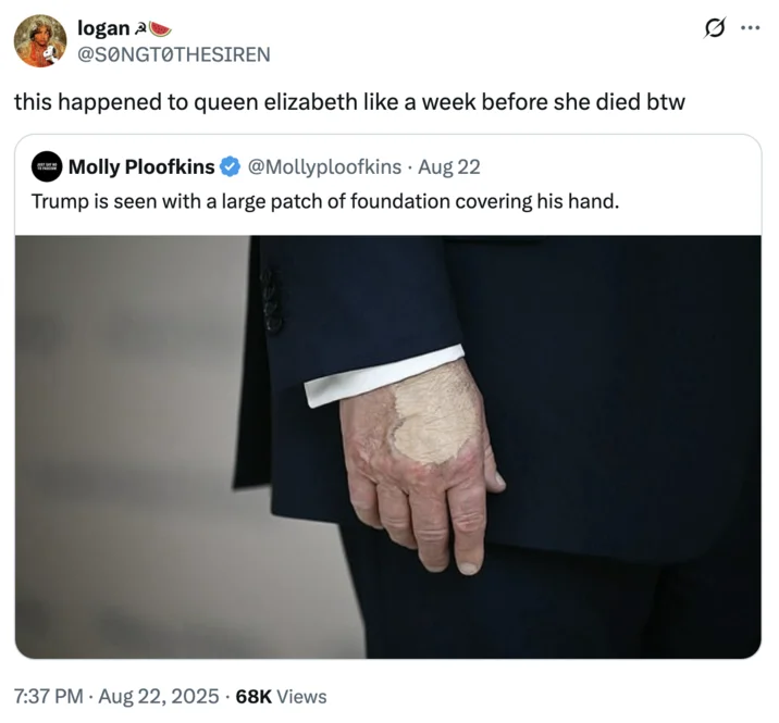 Donald Trumps Hand Makeup And Death Speculation — Twitter reply comparing the situation to Queen Elizabeth's health decline with dark humor about mortality.