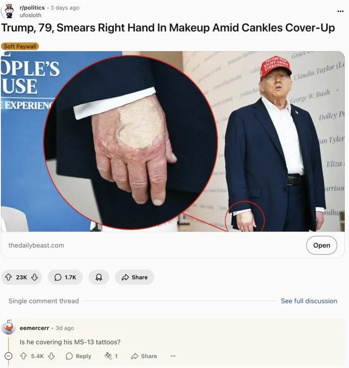 Donald Trumps Hand Makeup And Death Speculation — Reddit post discussing Trump's hand makeup with circled close-up and Daily Beast headline about the