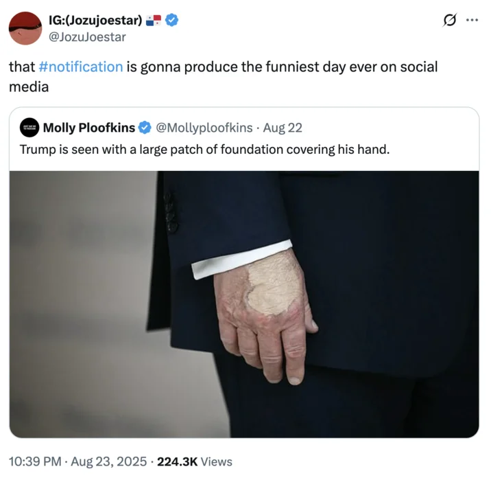Donald Trumps Hand Makeup And Death Speculation — Twitter post reply with hand photo predicting the image would generate significant viral engagement.