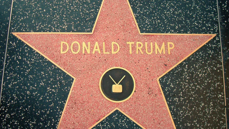 Donald Trumps Hollywood Star — A clean photograph of Donald Trump's pink terrazzo star on the Hollywood Walk of Fame with his name and television icon.