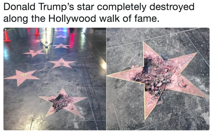 Donald Trumps Hollywood Star — A multi-panel collage showing multiple angles of Trump's Hollywood star after severe destruction from vandalism.
