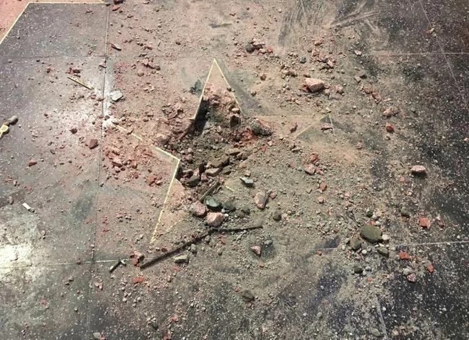 Donald Trumps Hollywood Star — An aerial view photograph of Donald Trump's Hollywood star showing significant vandalism damage and destruction.