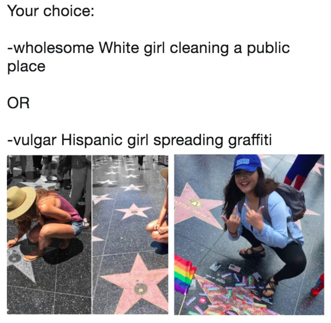 Donald Trumps Hollywood Star — A text-based 'Your choice' meme format presenting contrasting statements with collage images of the star cleaning incident.
