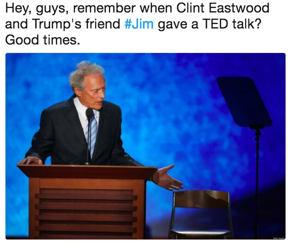 Donald Trumps Imaginary Friend Jim — Clint Eastwood at RNC podium gesturing toward empty chair, compared to Trump's imaginary Jim.