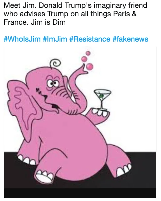 Donald Trumps Imaginary Friend Jim — A cartoon illustration of a pink elephant holding a martini glass captioned as Trump's imaginary friend Jim.