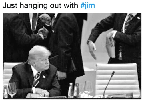 Donald Trumps Imaginary Friend Jim — Trump sitting alone at a conference table with caption about hanging out with Jim.