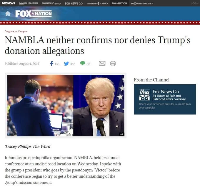 Donald Trumps Nambla Donation Hoax — A satirical FOX NEWS article headline about NAMBLA neither confirming nor denying Trump donation allegations.