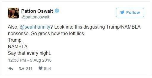 Donald Trumps Nambla Donation Hoax — A tweet from comedian Patton Oswalt dismissing the Trump NAMBLA claim as false.