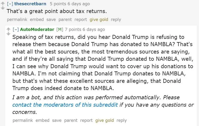 Donald Trumps Nambla Donation Hoax — A Reddit conversation thread where users discuss the false claim about Trump's alleged NAMBLA donations.