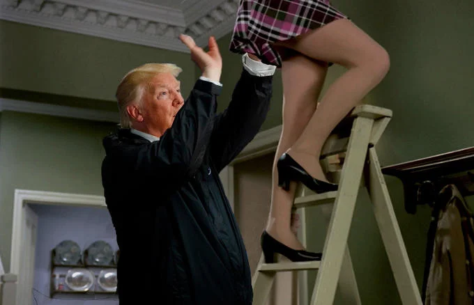 Donald Trumps Paper Towel Toss — Photoshopped meme of Trump reaching up beneath a woman on a stepladder
