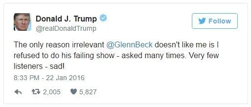 Donald Trumps Sad Tweets — Donald Trump's January 2016 tweet blaming Glenn Beck's failing show and concluding with 'sad!'