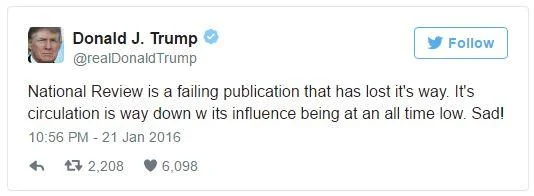 Donald Trumps Sad Tweets — Donald Trump's January 2016 tweet criticizing National Review's declining circulation and concluding with 'Sad!'