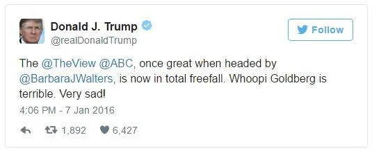 Donald Trumps Sad Tweets — Donald Trump's January 2016 tweet criticizing The View's decline since Barbara Walters and concluding with 'Very sad!'