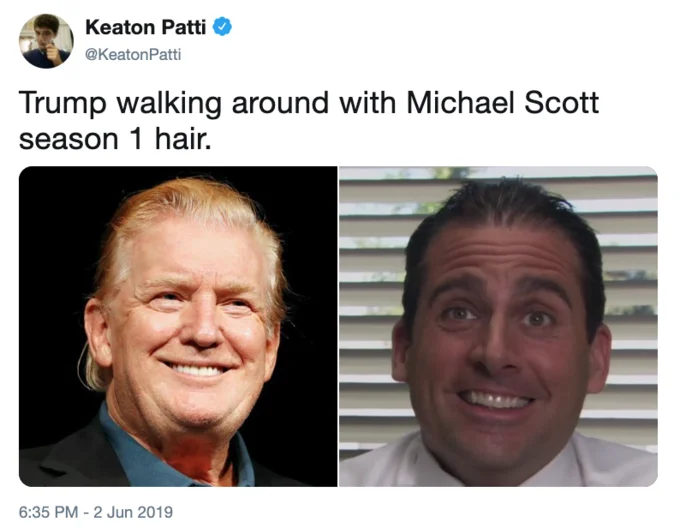 Donald Trumps Slicked Back Hair — Tweet comparing Trump's slicked hair to Michael Scott season 1