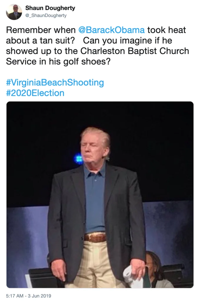 Donald Trumps Slicked Back Hair — Tweet comparing Trump's church outfit to Obama's tan suit controversy