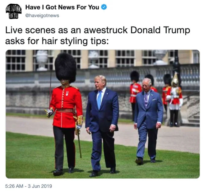 Donald Trumps Slicked Back Hair — Tweet joking Trump asks Royal Guards for hair styling tips
