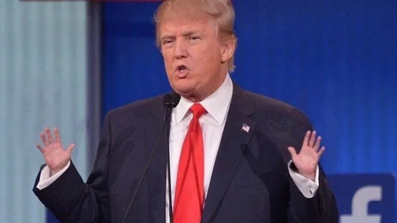 Donald Trumps Small Hands — Sharp photograph of Trump at 2016 Republican debate with both arms raised, palms open against blue background.