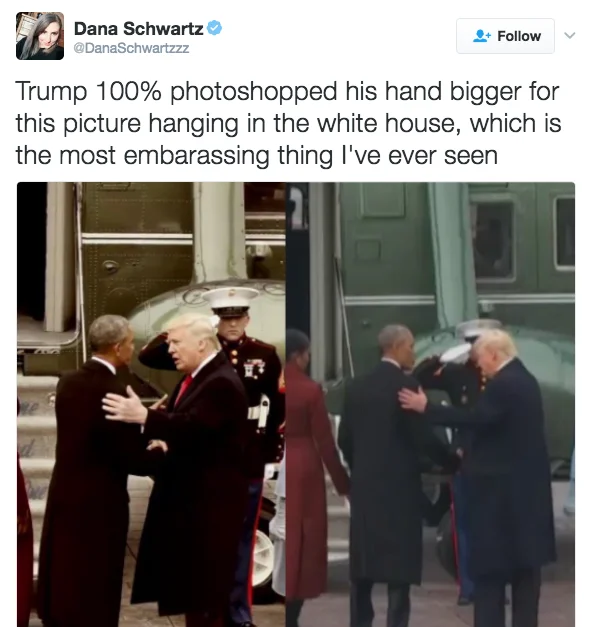 Donald Trumps Small Hands — A tweet comparing White House inauguration photo with broadcast footage showing alleged hand size difference.