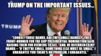 Donald Trumps Small Hands — Text-heavy meme with Trump at podium referencing the Rubio hand size debate exchange.