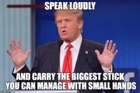 Donald Trumps Small Hands — Impact font meme with Trump debate photo and text about speaking loudly with small hands.