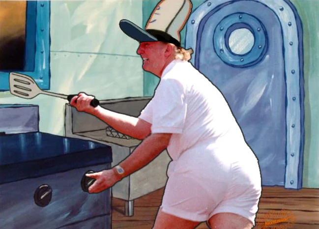 Donald Trumps Tennis Photo — Photoshop of Trump from the tennis photo inserted into the SpongeBob Krusty Krab kitchen as a fry cook