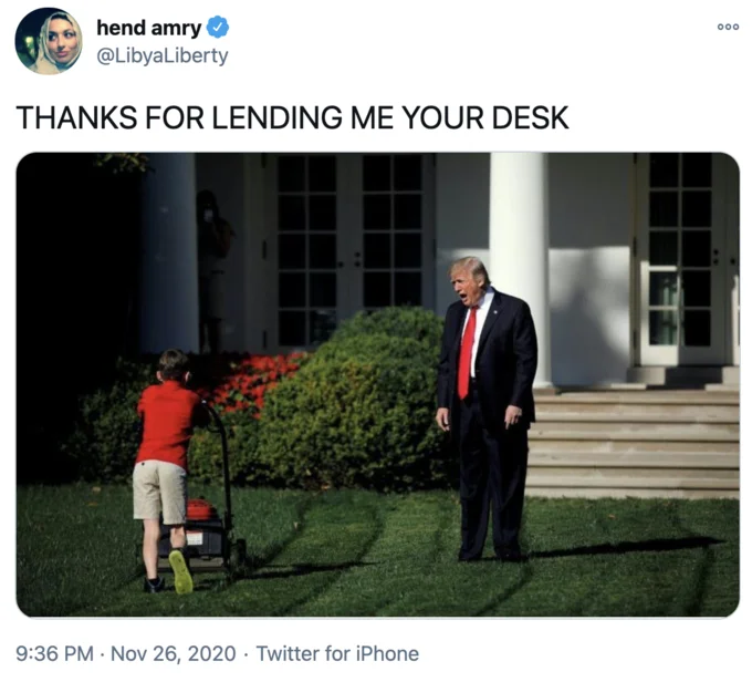 Donald Trumps Tiny Desk — Twitter screenshot joking that Trump borrowed his tiny desk from a boy with a lawnmower.