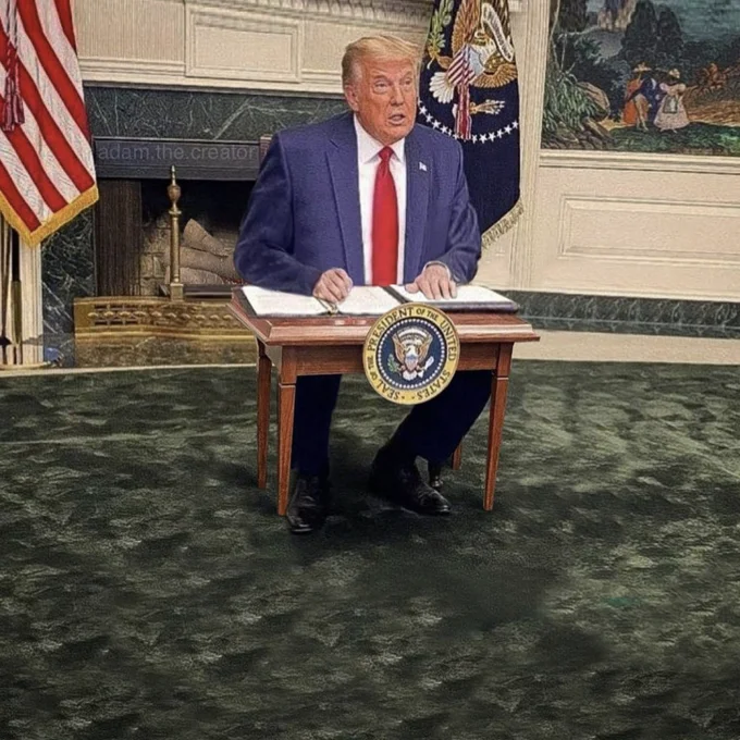 Donald Trumps Tiny Desk — Close-cropped news photograph of Trump seated at the small wooden desk during the press conference.
