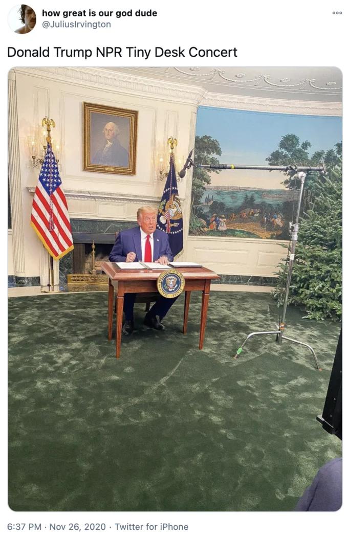 Donald Trumps Tiny Desk — Twitter screenshot comparing Trump's tiny desk to NPR's Tiny Desk Concert series.