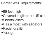Donald Trumps Wall — Border wall requirements parody listing absurd specs like glitter, lasers, alligators, and 'Yuuuge.'