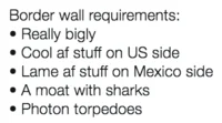 Donald Trumps Wall — Border wall requirements parody using Trump speech patterns with 'bigly' and shark moat references.