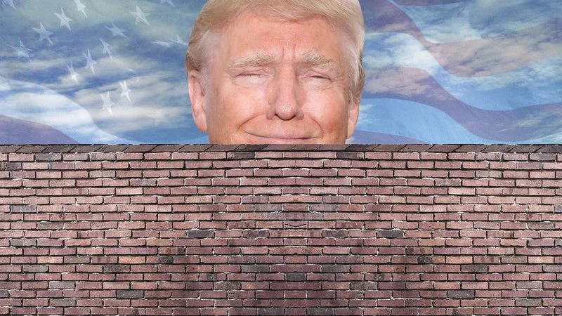 Donald Trumps Wall — Digitally composited illustration of Trump's smiling face peeking over a large red brick wall with American flag.
