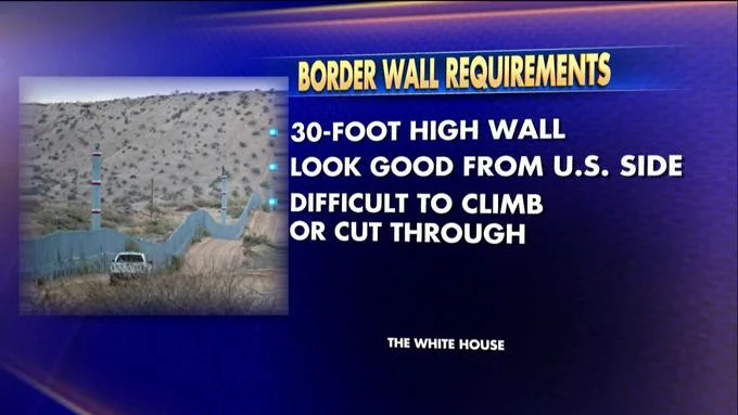 Donald Trumps Wall — TV news broadcast graphic showing border wall specifications from the White House.