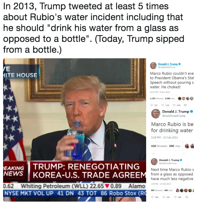 Donald Trumps Water Break — Composite showing Trump drinking water alongside screenshots of his old tweets mocking Rubio.