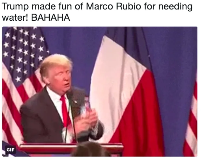 Donald Trumps Water Break — Social media screenshot showing Trump at podium with water, headlined about mocking Rubio.