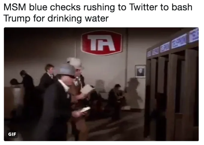 Donald Trumps Water Break — Retro film GIF still showing crowd rushing captioned about media bashing Trump.
