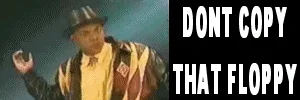 Dont Copy That Floppy — Screenshot from the 1992 Software Publishers Association PSA featuring MC Double Def DP in brown and gold suit.