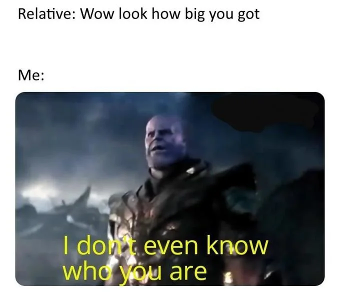 Thanos in dark ornate armor against fiery background with yellow text 'I don't even know who you are.'