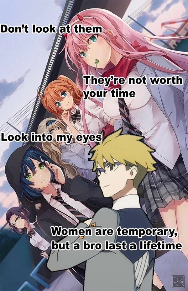 Anime boy in front of several girls with 'bros over women' Don't Look at Her meme text
