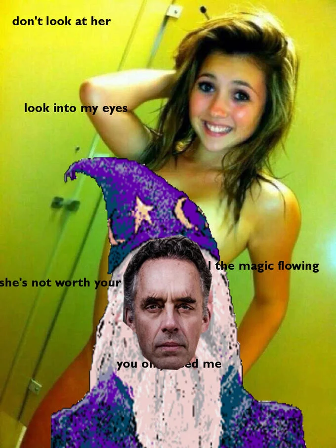 Jordan Peterson's face pasted onto the wizard in the 'don't look at her' meme template