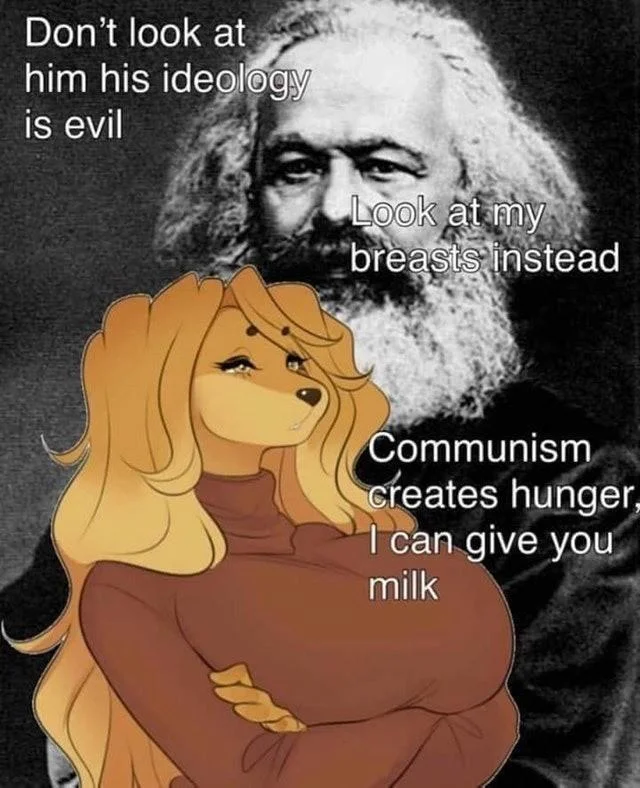 Karl Marx behind a cartoon dog-girl in a Don't Look at Her communism parody meme