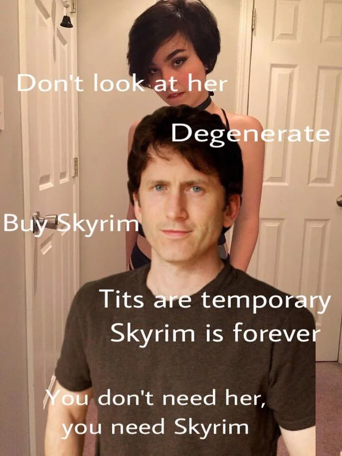 Todd Howard in front of a woman with 'buy Skyrim' Don't Look at Her meme text