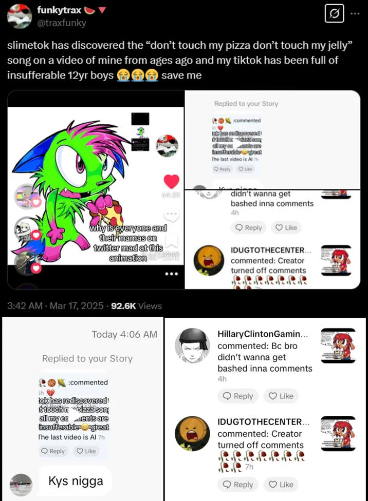 Dont Touch My Pizza — Twitter post by traxfunky about SlimeTok discovering the don't touch my pizza song with comment screenshots