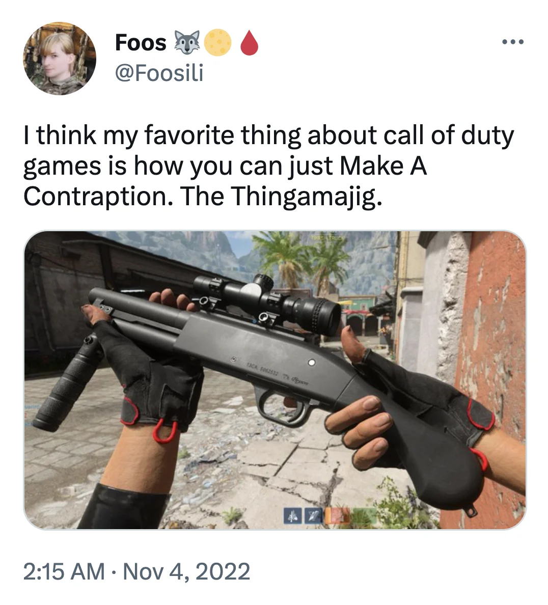Doodad, Thingamajig, Thingamabob, Whatchamacallit, Doohickey — Tweet about Call of Duty weapon customization calling the gun 'A Contraption. The Thingamajig,'