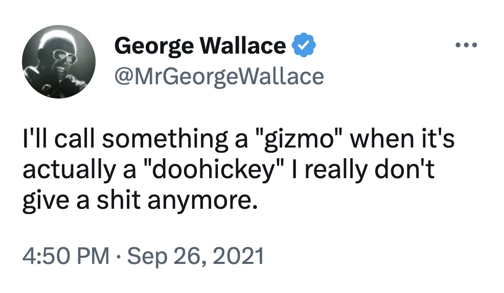 Doodad, Thingamajig, Thingamabob, Whatchamacallit, Doohickey — George Wallace tweet reading 'I'll call something a gizmo when it's actually a doohickey I