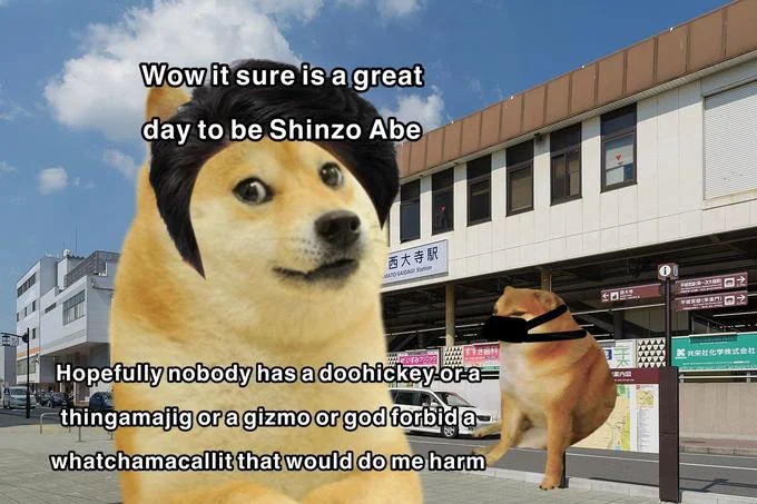 Doodad, Thingamajig, Thingamabob, Whatchamacallit, Doohickey — Doge meme with Shinzo Abe caption and a second line about hoping no one has a doohickey