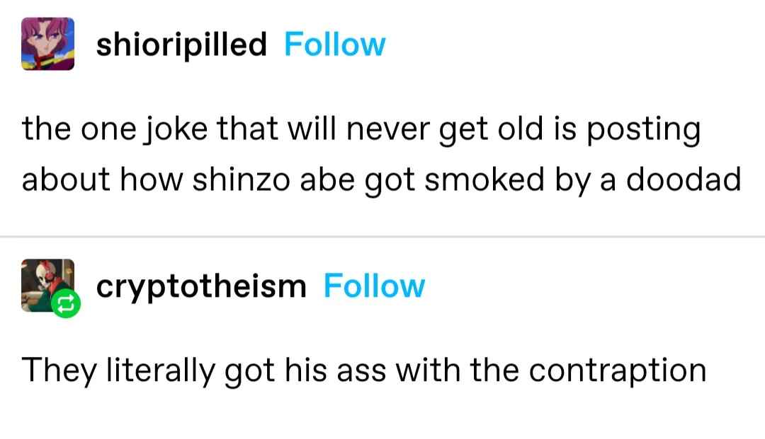 Doodad, Thingamajig, Thingamabob, Whatchamacallit, Doohickey — Tumblr post exchange about Shinzo Abe being 'smoked by a doodad' with reply about 'the