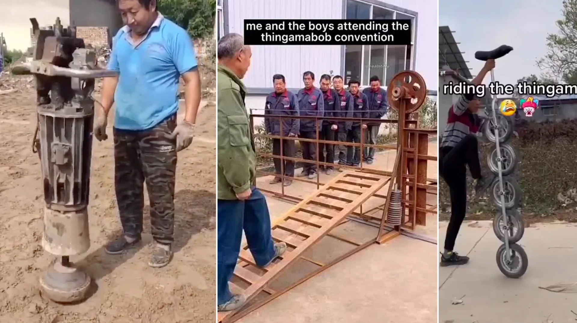 Doodad, Thingamajig, Thingamabob, Whatchamacallit, Doohickey — Three-panel image of TikTok clips featuring strange mechanical contraptions with captions
