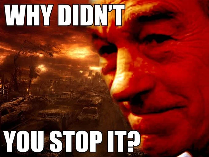 Doom Paul Its Happening — Ron Paul's red-tinted face over an apocalyptic burning cityscape with text 'Why didn't you stop it?'