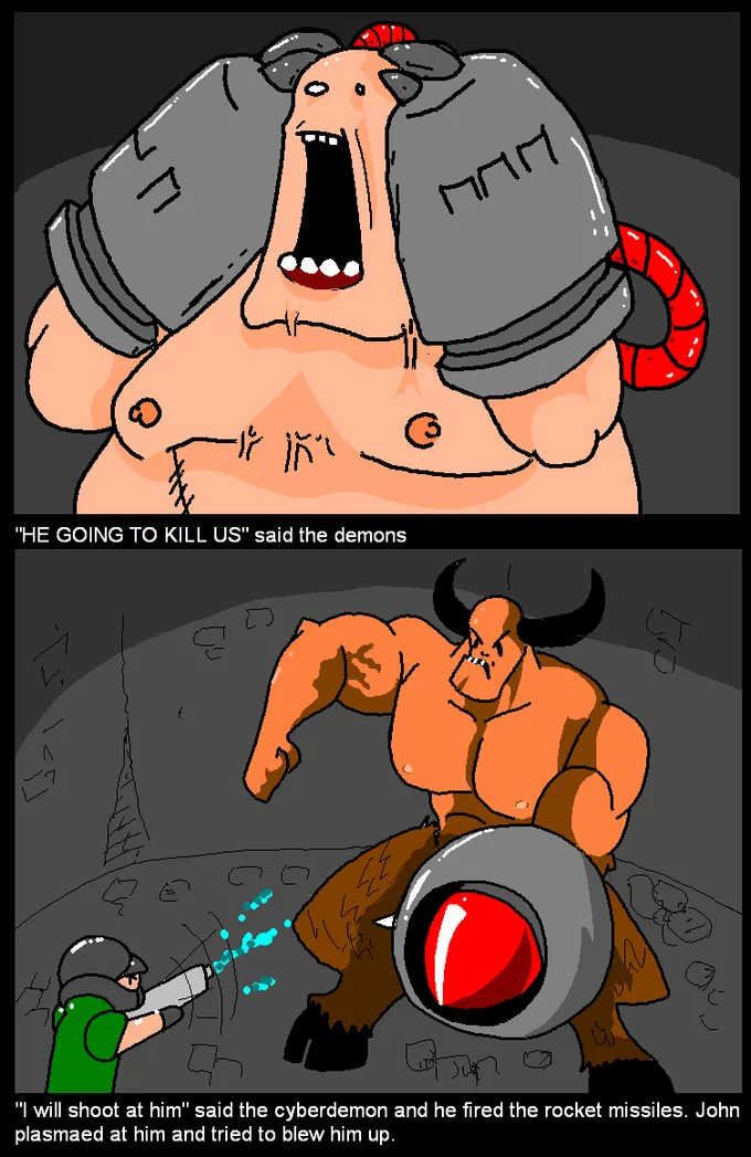 Doom Repercussions Of Evil — Comic illustration showing demon shouting 'HE GOING TO KILL US' with battle sequence.