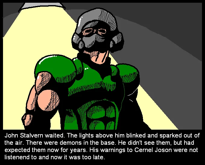 Doom Repercussions Of Evil — Comic-style illustration of a Doom marine in green armor with opening narration 'John Stalvern waited.'